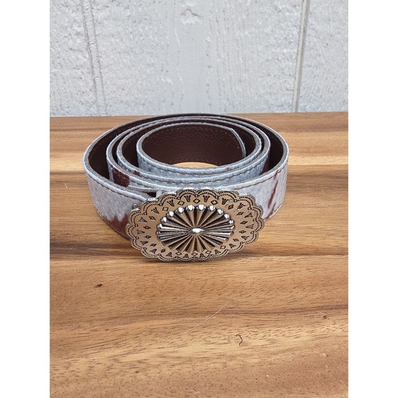 Rodeo King Accessories - Womens Western Cowhide Brown & White Belt Push Close 42" Cowgirl Rodeo